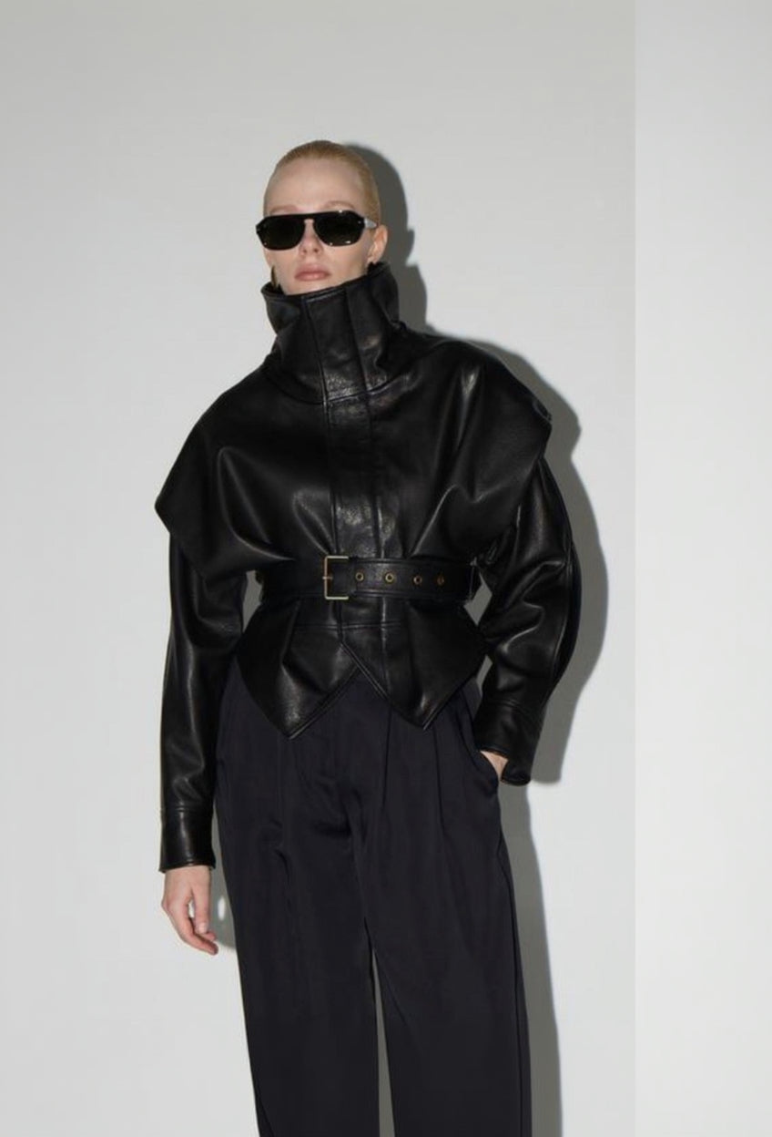black leather jacket with high neck 