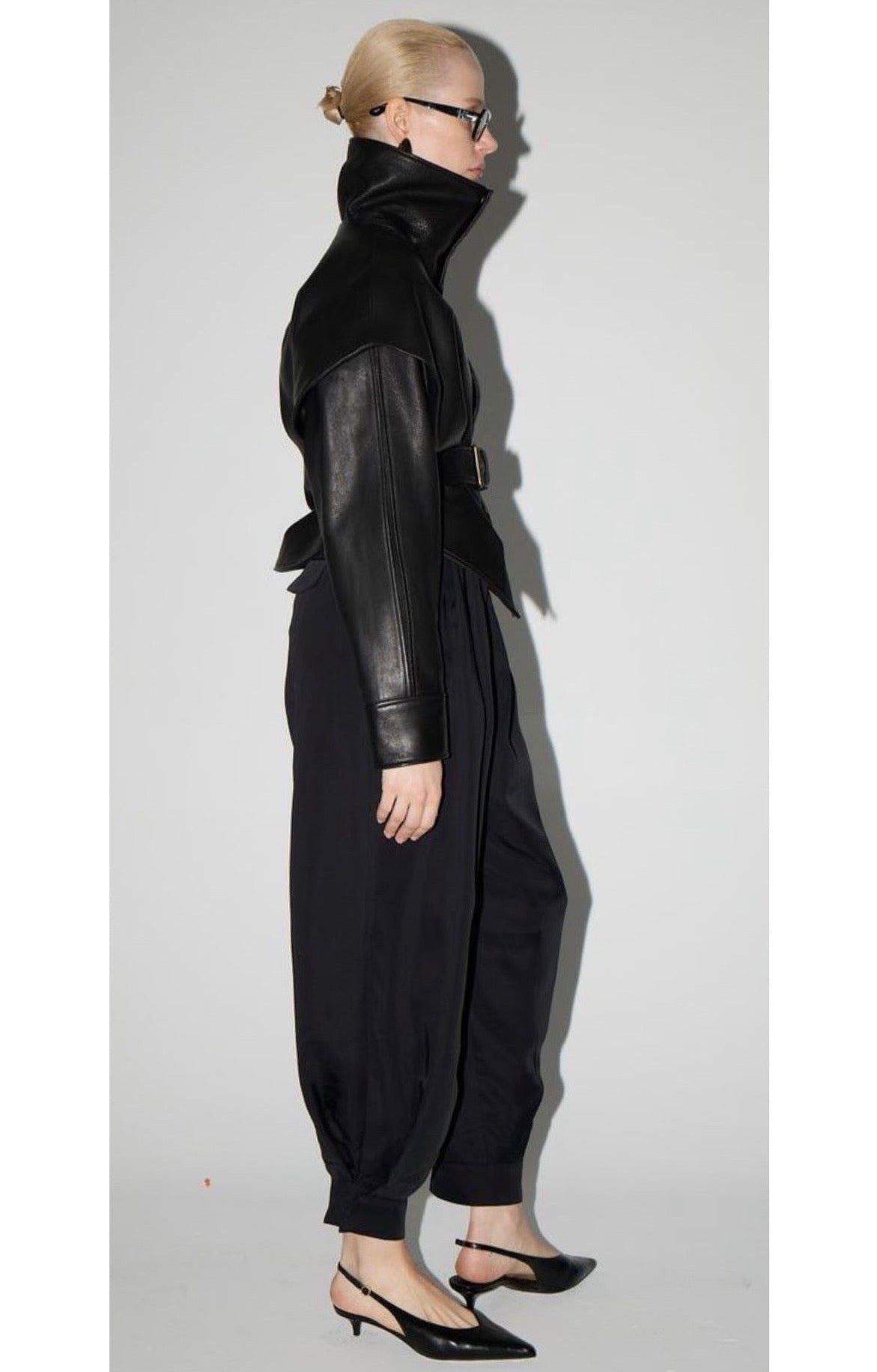 Black leather jacket with high neck 