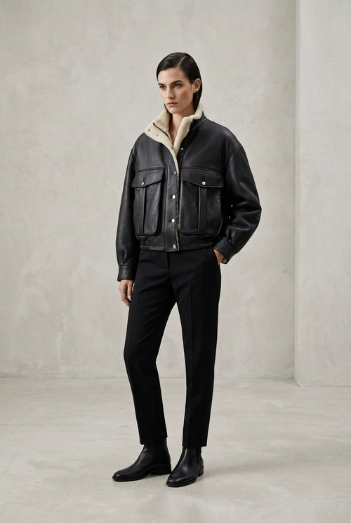 BLAIR – Jachetă Bomber din Piele de Miel cu Blană Naturală | Black
